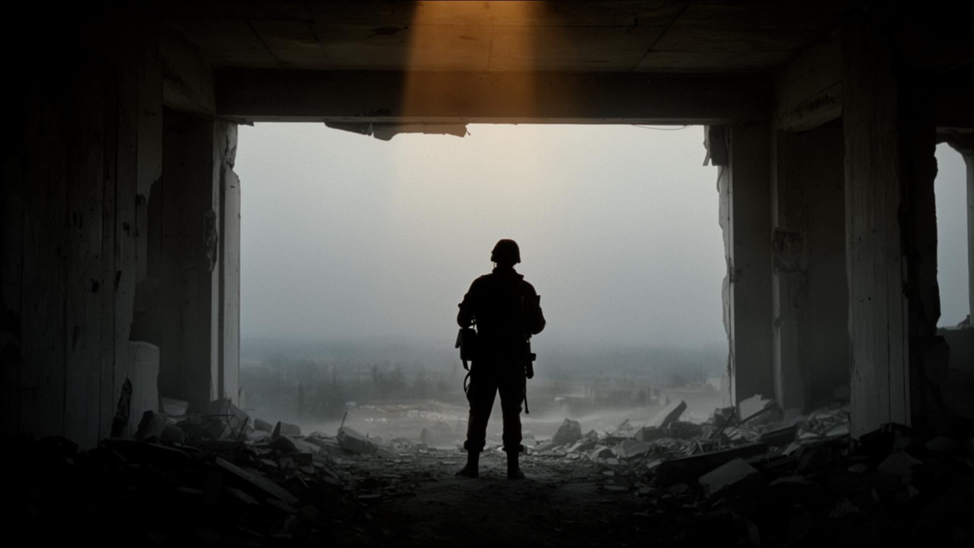 A documentary reporter silhouetted against a distant horizon